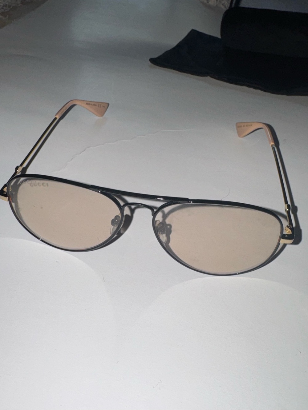 Gucci Sunglasses Temple Arm in Peach and Black with Gold Lettering